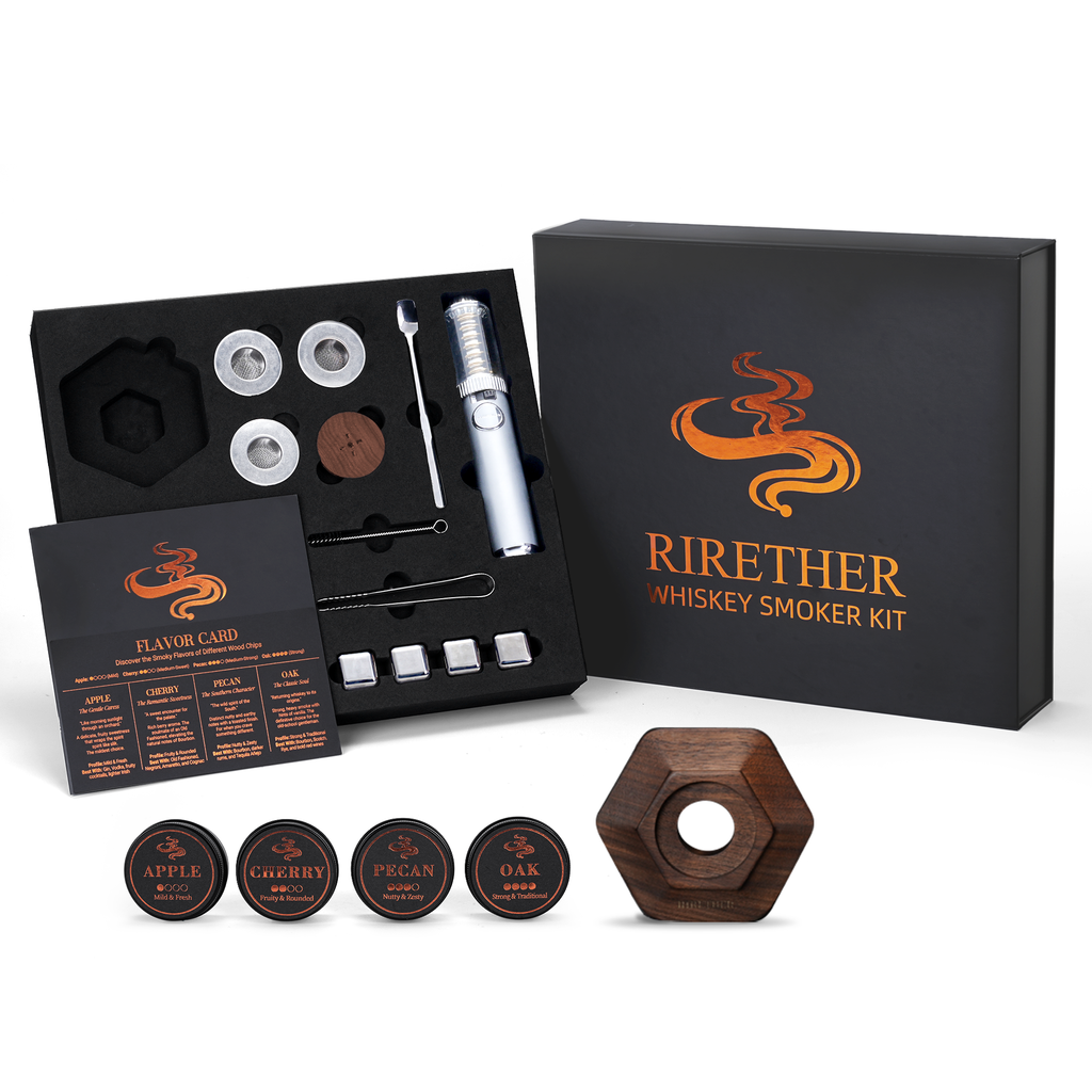 Rirether Whiskey Smoker Kit shown with its black presentation box, open tray containing the smoking device, accessories, flavor cards, and four round flavor pods on a white background.