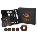 Rirether Whiskey Smoker Kit shown with its black presentation box, open tray containing the smoking device, accessories, flavor cards, and four round flavor pods on a white background.