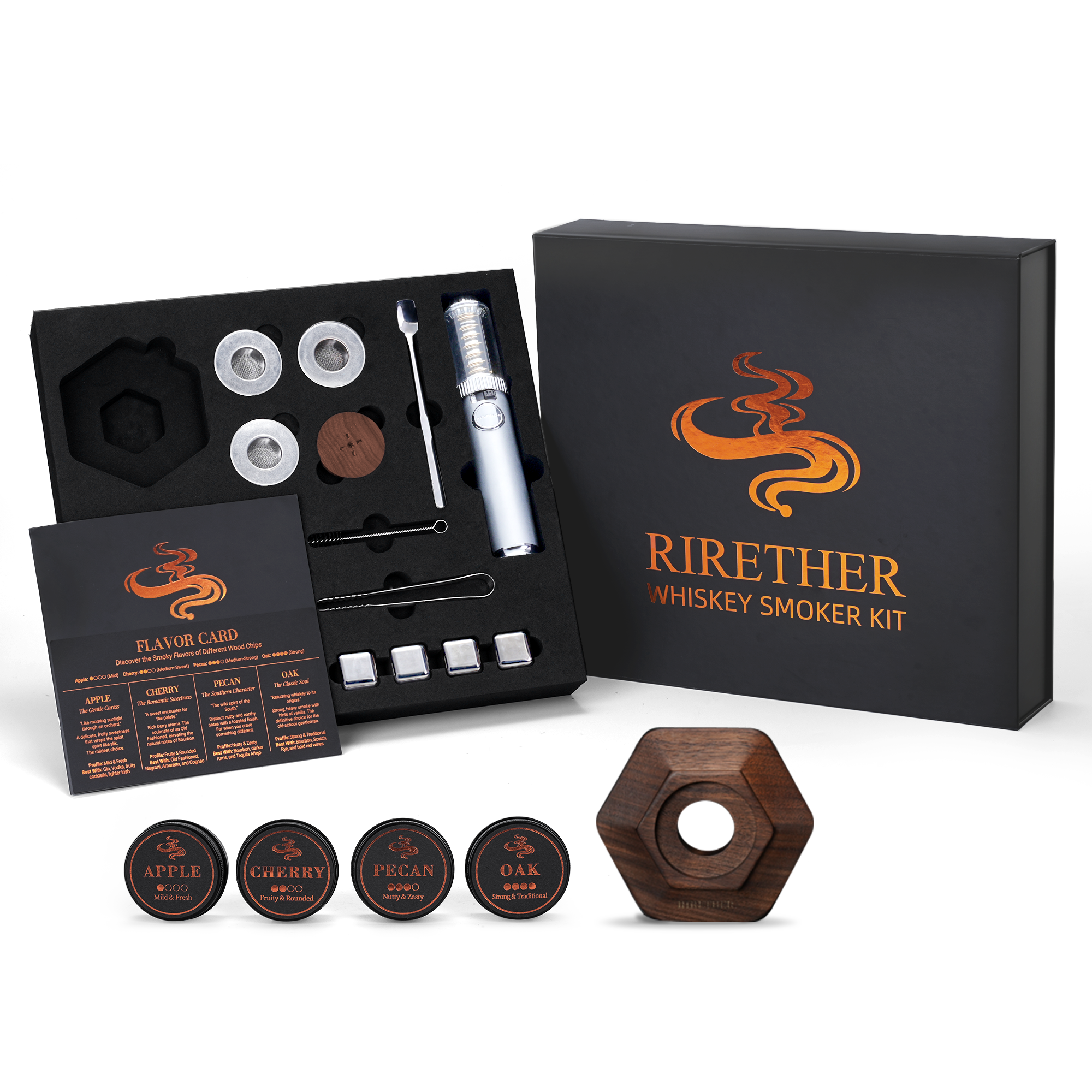 Rirether Whiskey Smoker Kit shown with its black presentation box, open tray containing the smoking device, accessories, flavor cards, and four round flavor pods on a white background.