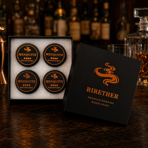 RIRETHER Choose Your Flavor variety pack showcasing 4 tins of Mesquite premium smoking wood chips in a luxury Rich Black box with an Amber Copper foil logo on a dimly lit bar counter.