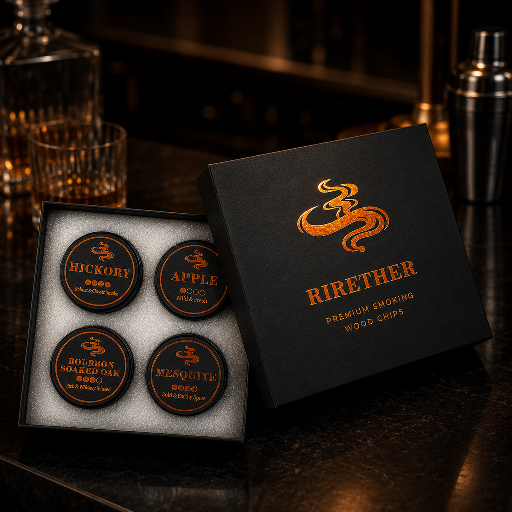 RIRETHER premium smoking wood chips gift set in luxury Rich Black box with Amber Copper foil logo stamping, showcasing four wood chip tins including Hickory, Apple, Bourbon Soaked Oak, and Mesquite on a cinematic bar counter.