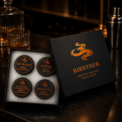 RIRETHER premium smoking wood chips gift set in luxury Rich Black box with Amber Copper foil logo stamping, showcasing four wood chip tins including Hickory, Apple, Bourbon Soaked Oak, and Mesquite on a cinematic bar counter.