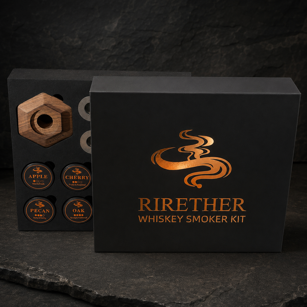 RIRETHER™ Whiskey Smoker Kit premium packaging in a rectangular Rich Black gift box with Amber Copper foil stamping, opening to reveal a handcrafted North American Black Walnut hexagon smoker top and four wood chip flavor tins including Apple, Cherry, Pecan, and Oak.