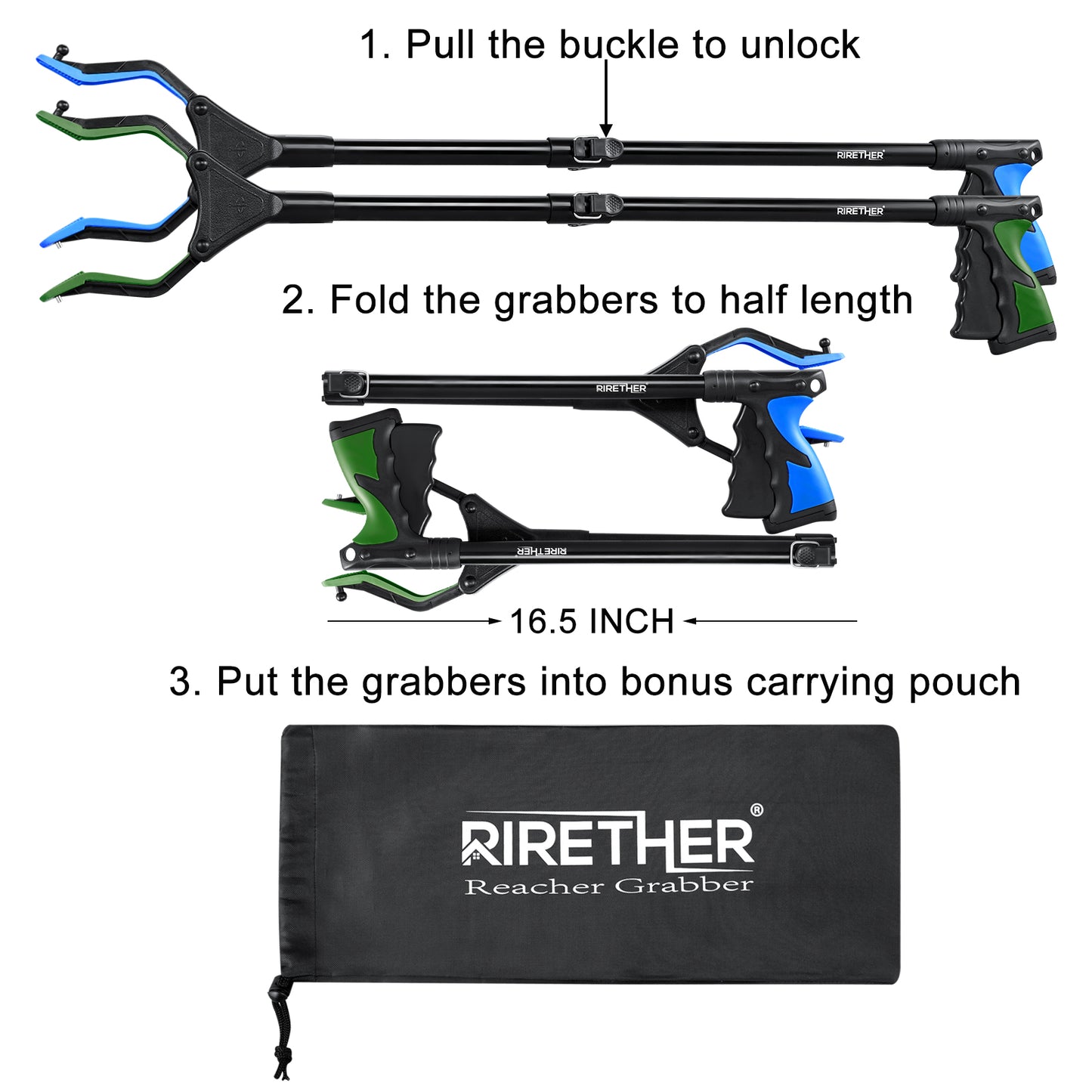 Rirether 2Pack Grabber Reacher Tool with Magnetic Tip and Hook, Reacher Grabber with Carrying Bag, 32" Durable Aluminum Alloy Grabber Tool for Elderly