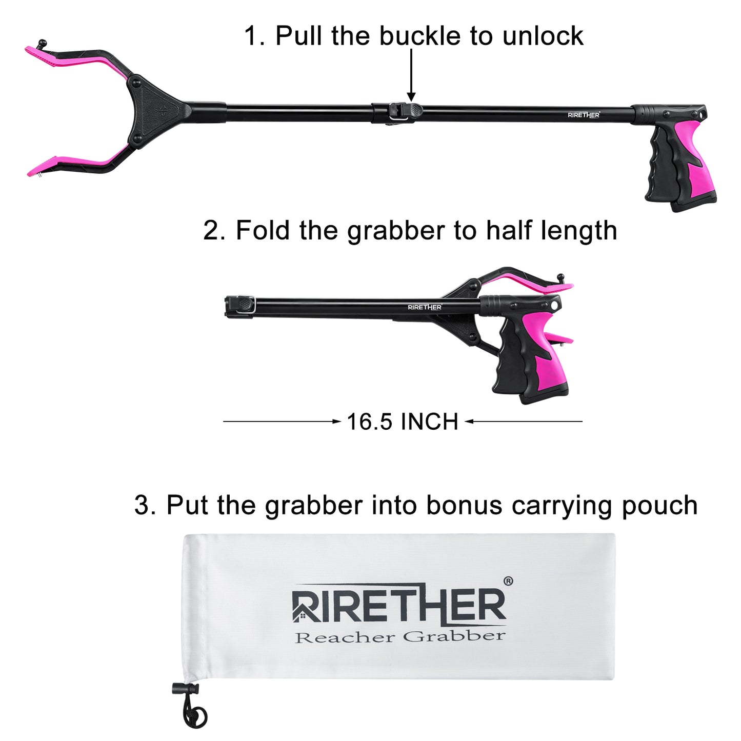 Rirether Foldable Reacher Grabber with Carrying Bag, 32" Grabber Tool for Elderly with Magnetic Tip and Hook,Rotating Head Grabber Reacher Tool