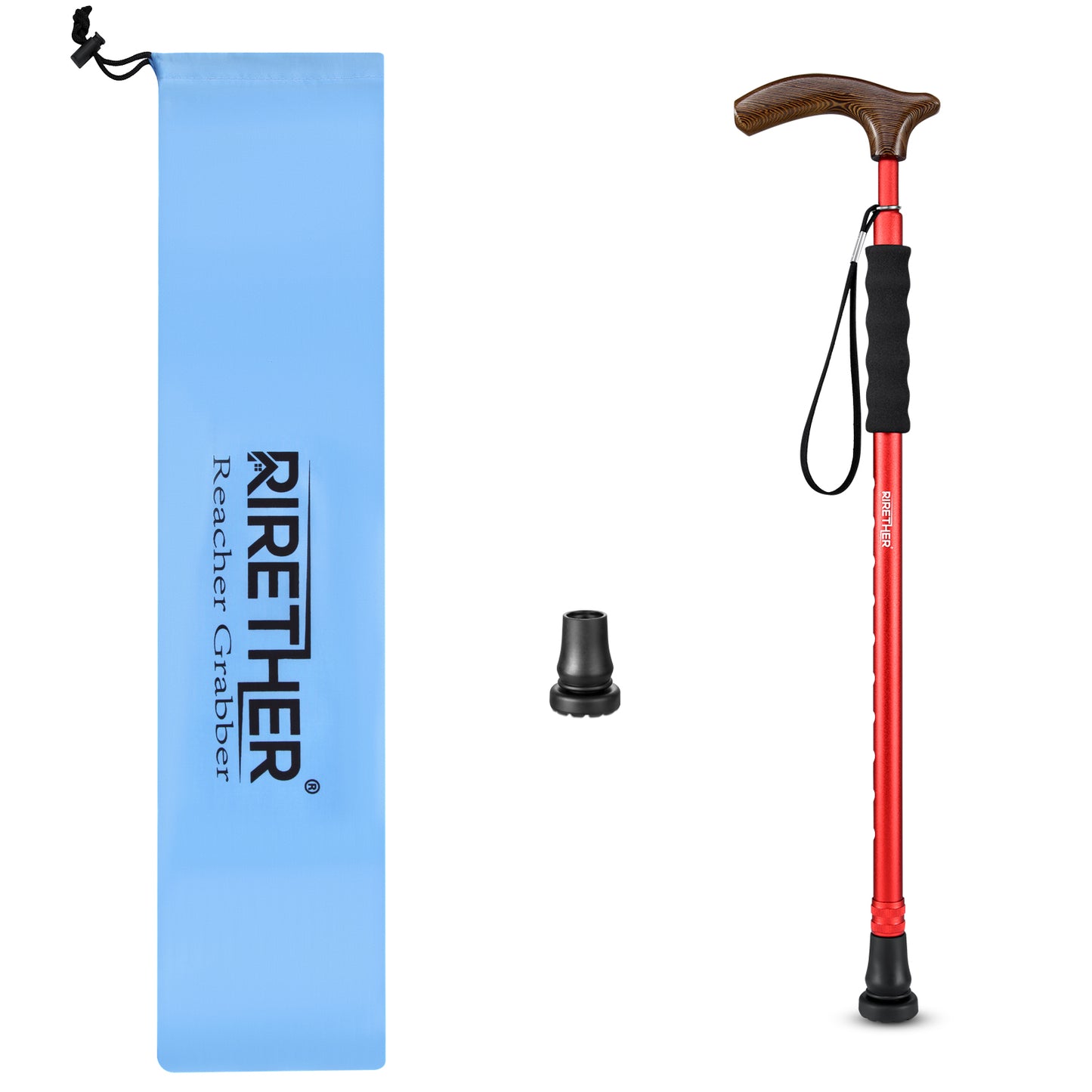 Rirether Adjustable Walking Stick Balancing Mobility Aid, Lightweight Aluminum Alloy Walking Cane, Portable Sturdy Telescoping Cane with Anti-Slip Tip, Carrying Bag (2Tips)