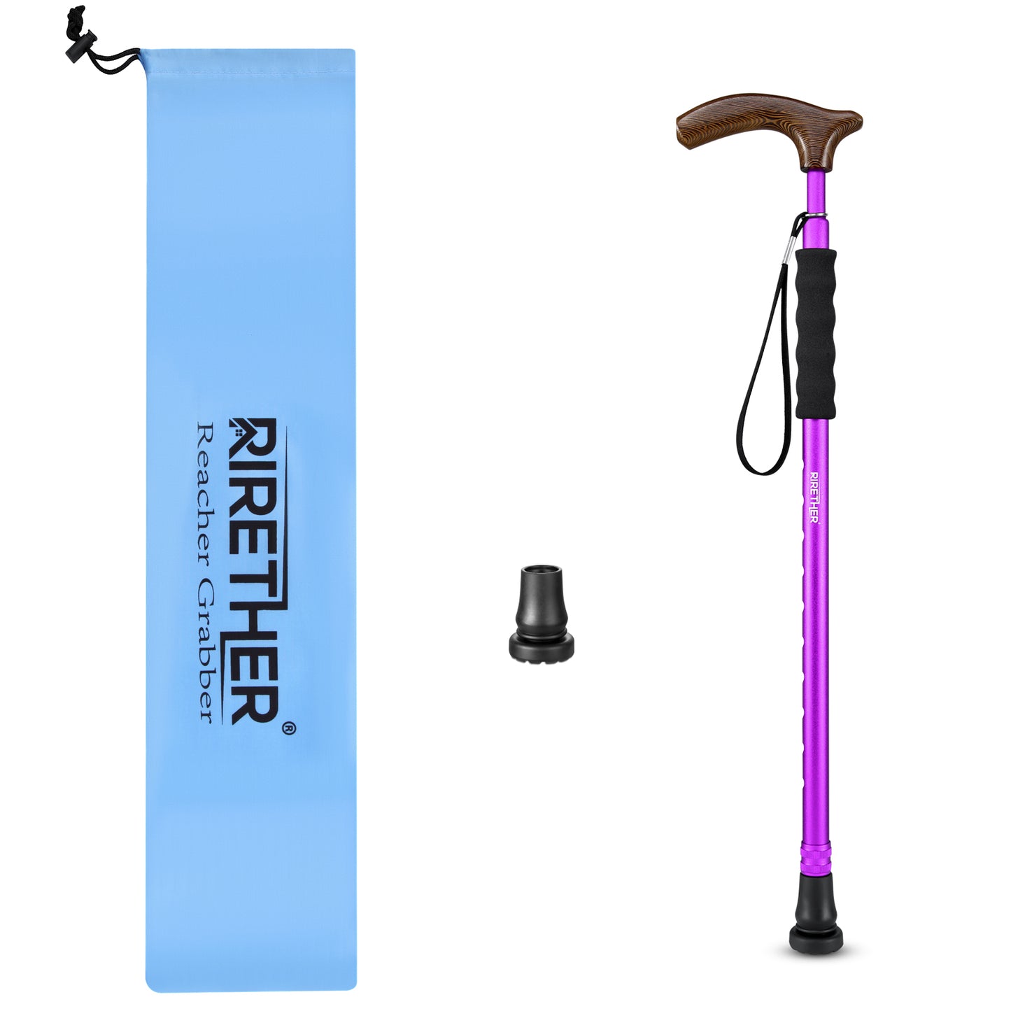 Rirether Adjustable Walking Stick Balancing Mobility Aid, Lightweight Aluminum Alloy Walking Cane, Portable Sturdy Telescoping Cane with Anti-Slip Tip, Carrying Bag (2Tips)