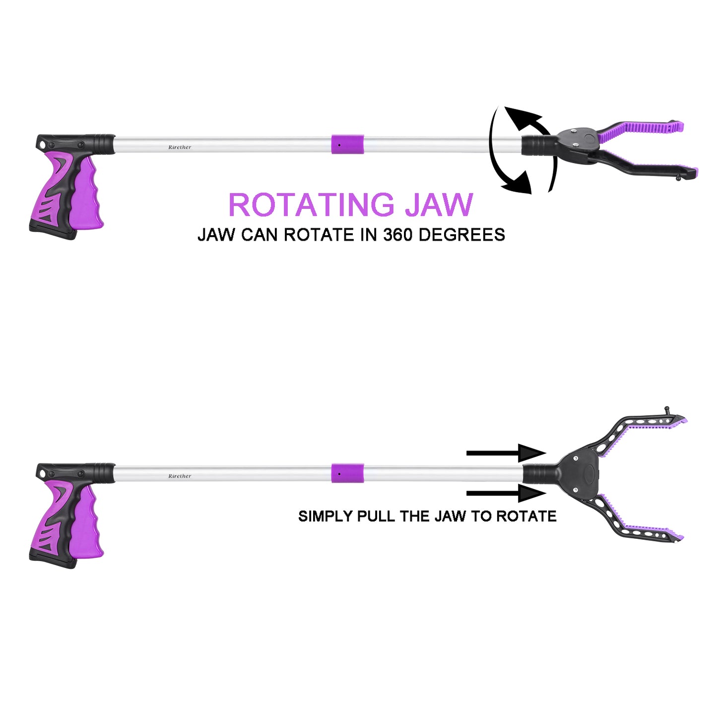 Rirether Grabber Reacher Tool, Foldable Reacher Grabber with Magnetic Tip and Hook,Wide Jaw and Rotating Gripper, Aluminum Alloy Lightweight 32" Trash Picker Grabber(Purple)