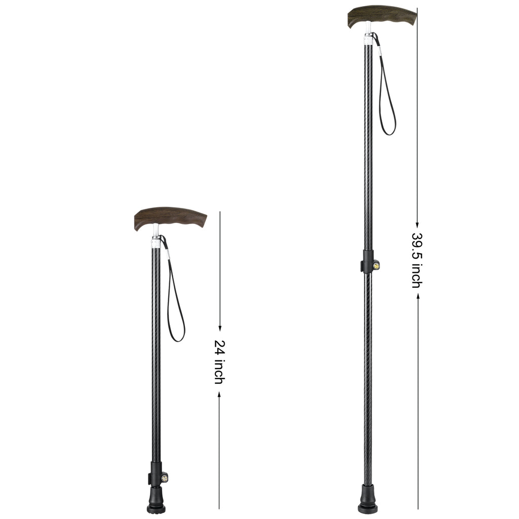 Rirether Walking Cane for Men & Women, Adjustable Height Carbon Fiber Cane, Fancy Cane with Carrying Bag, Wooden Ergonomic Handle (2Tips)