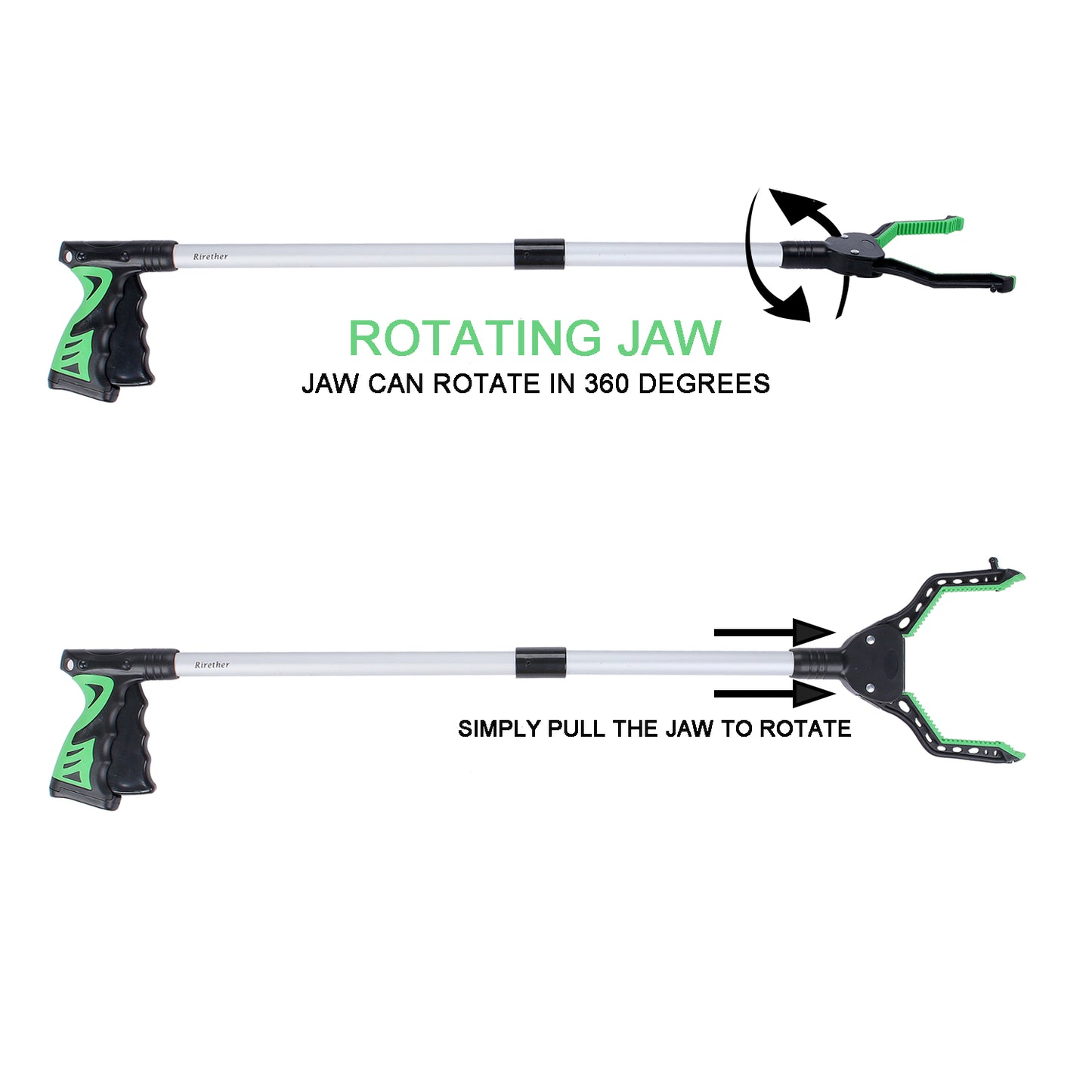 Rirether 32" Trash Picker, Reacher Grabber with Magnetic Tip and Hook, Rotating Gripper, Claw Grabber, Durable Aluminum Alloy, Wide Jaw, Foldable Lightweight Reacher(Green)